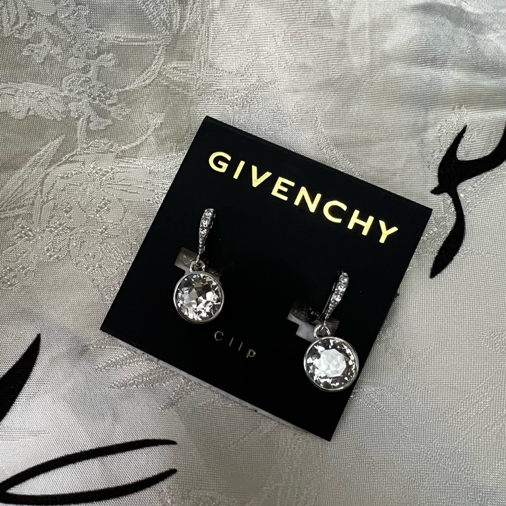 Givenchy Silver Crystal Drop Clip Earrings